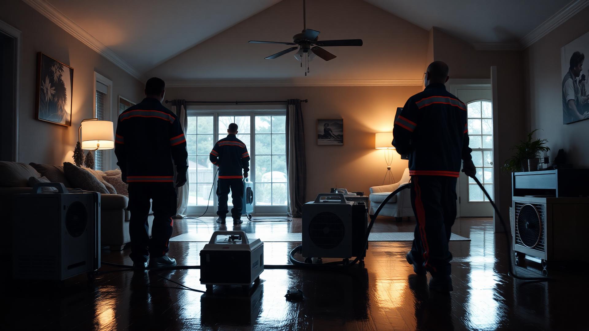 Restoration crew drying a flooded living room